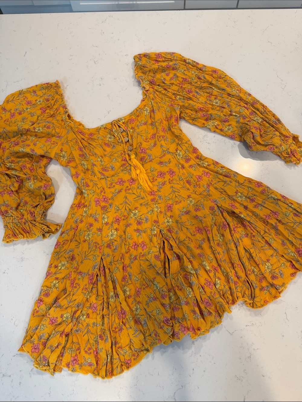 Chelsea & Violet Mustard Floral Puff-Sleeve Mini Dress